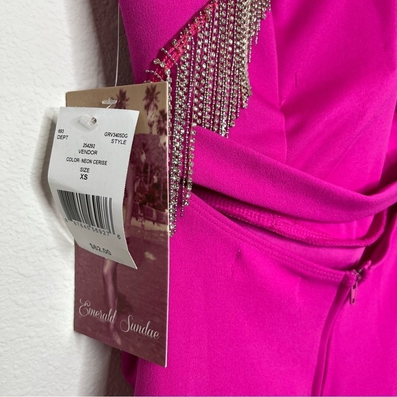 Emerald Sundae Sleeveless HighNeck Rhinestone Fringe Back Dress Neon Pink XS NWT - Picture 8 of 15